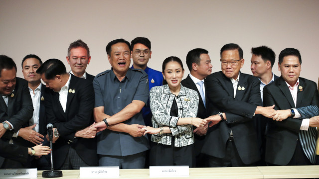 Pheu Thai Party`s leader and its prime minister candidate Paetongtarn Shinawatra holds hands with alliance parties` leaders after being nominated to be a new prime minister 15 08 2024